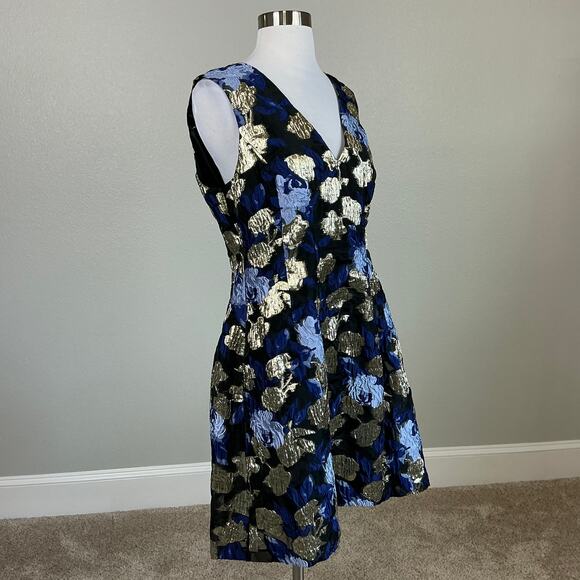 Badgley Mischka Metallic Floral Print A-Line Cocktail Dress Blue Multi Size 12 - Picture 3 of 13